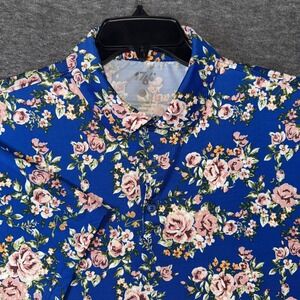 1764 Shirt Men Performance Stretch Short Sleeve Polo Rugby Blue Floral Sz L